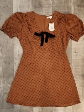 Blu Pepper Rust Polka Dot Mini Dress with Black Velvet Bow